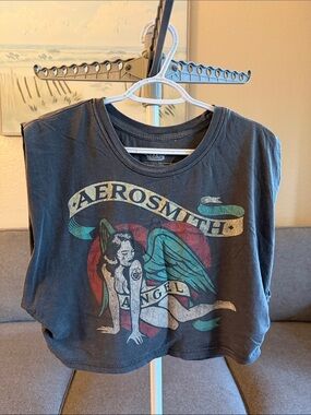 Charcoal Graphic Crop Tank Top - Angel Design Aerosmith